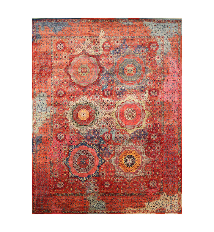 9x12 Red Mamluk Turkish Hand Knotted Modern Medallion Rug