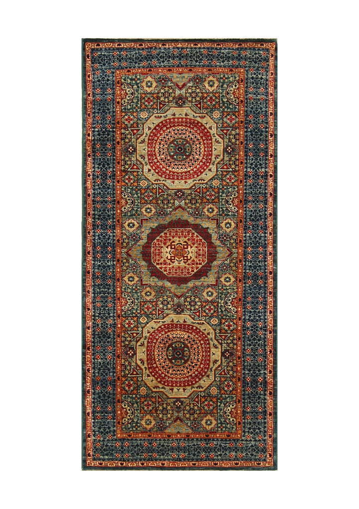 6 ft Green Mamluk Turkish Hand knotted Runner Rug