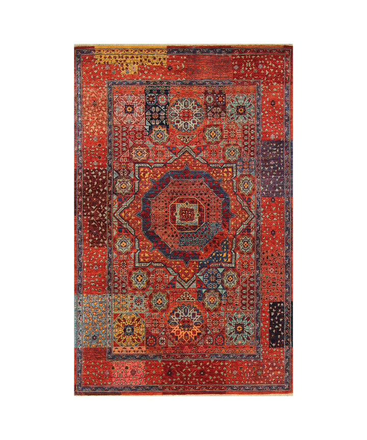 4x6 Red Mamluk Turkish Hand Knotted Geometric Medallion Rug