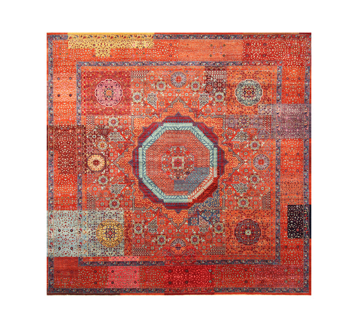 10x10 Rusty Orange Mamluk Turkish Medallion Square Rug