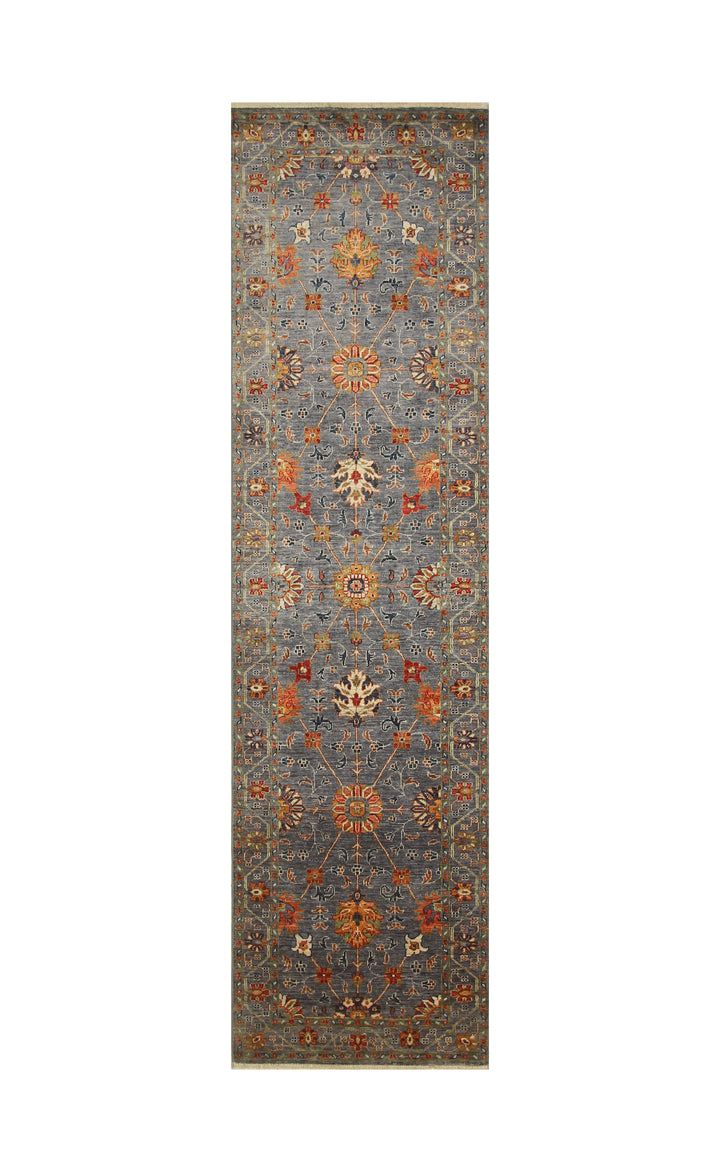 10 ft Waziri Blueish Gray Afghan Hand knotted Bohemian Runner Rug