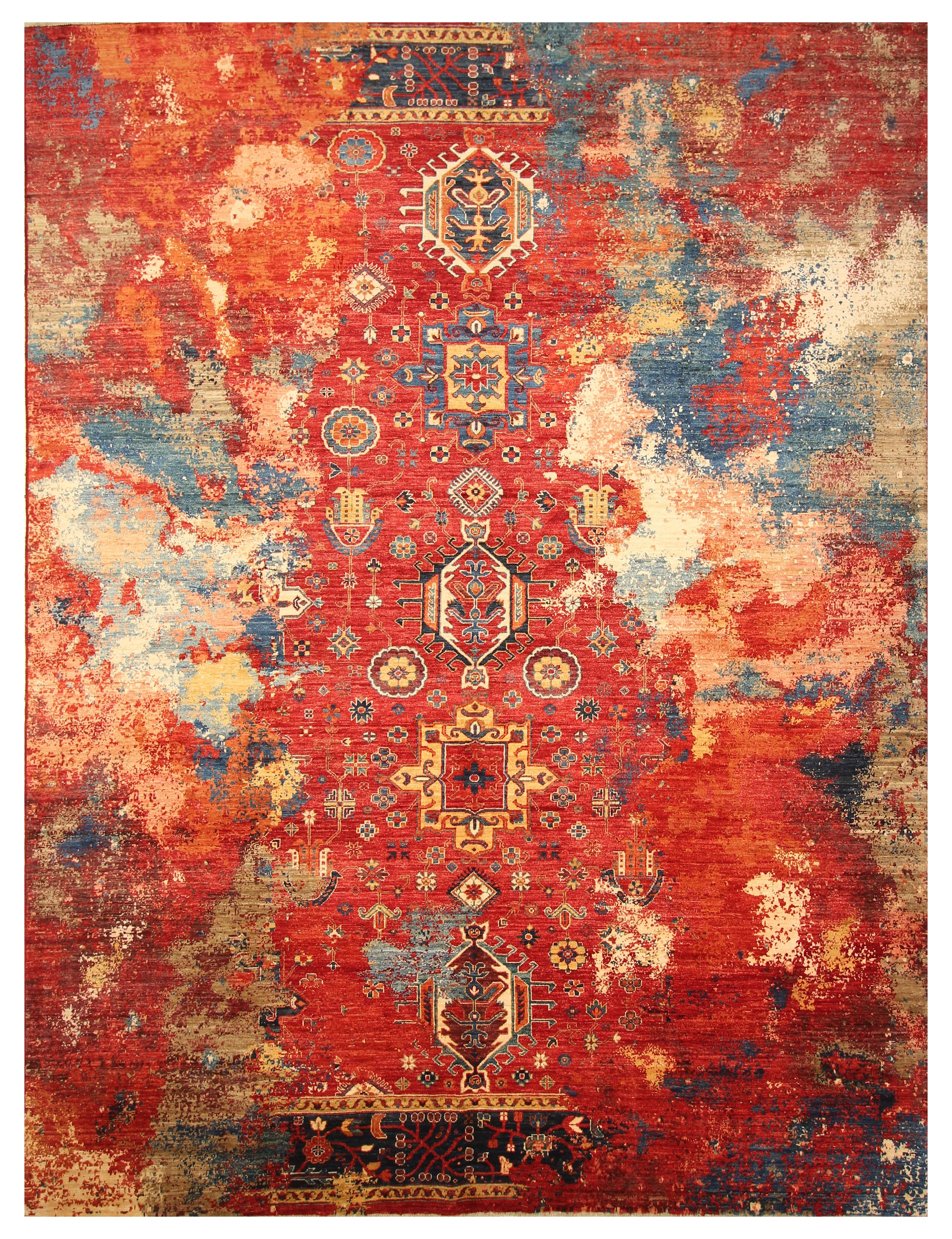 9x12 Red Modern Karaja Afghan Hand knotted Wool Rug