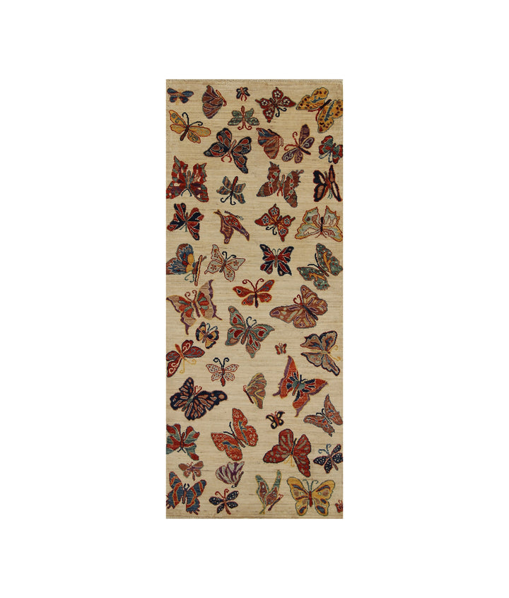 7 ft Beige Butterfly Afghan Hand knotted Runner Rug