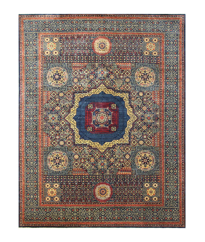 9x12 Navy Blue Mamluk Afghan Hand knotted Geometric Rug