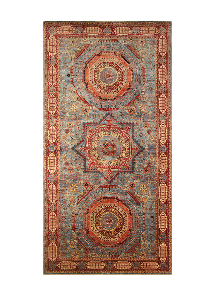 7x13 Blue Afghan Mamluk Hand Knotted Medallion Rug