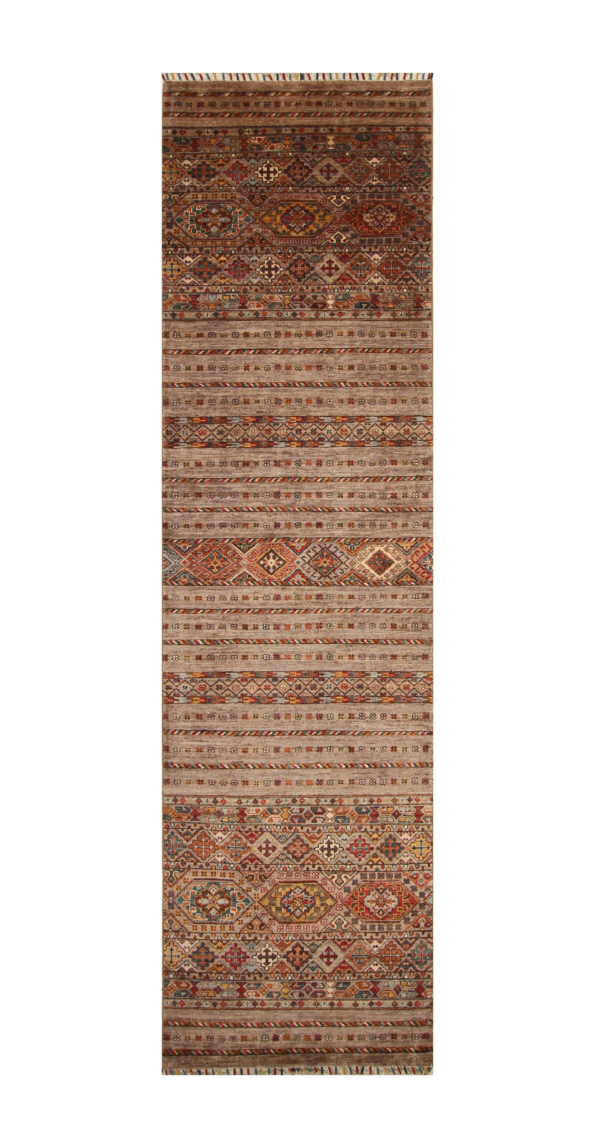 10 Ft Gray Tribal Afghan Hand knotted Runner Rug
