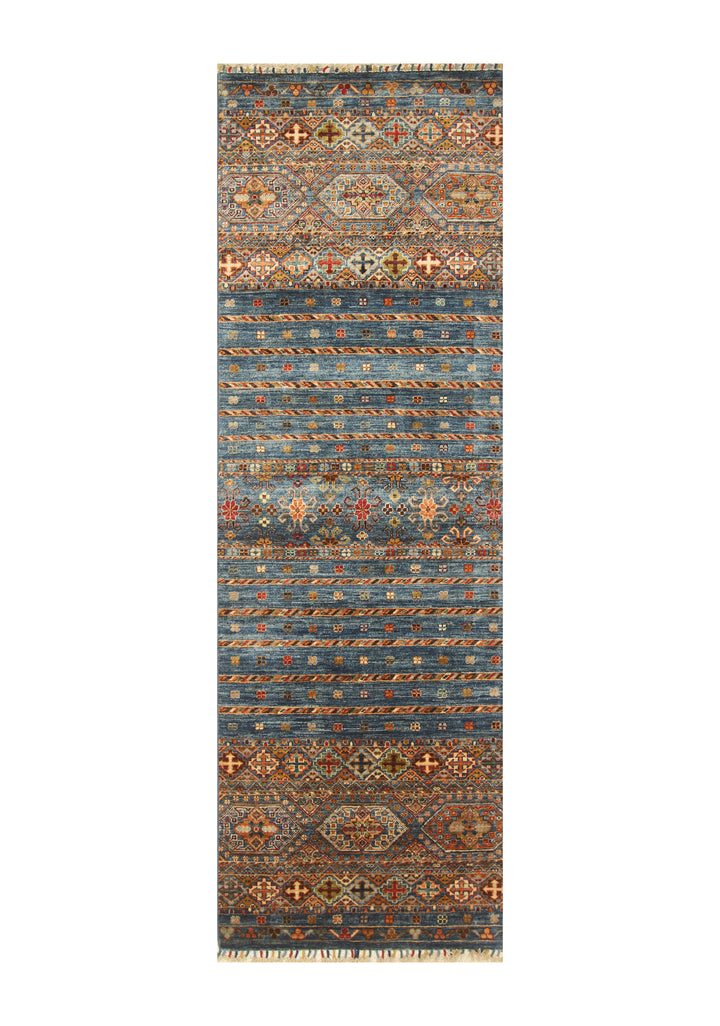 8 ft Blue Tribal  Afghan Hand knotted Runner Rug