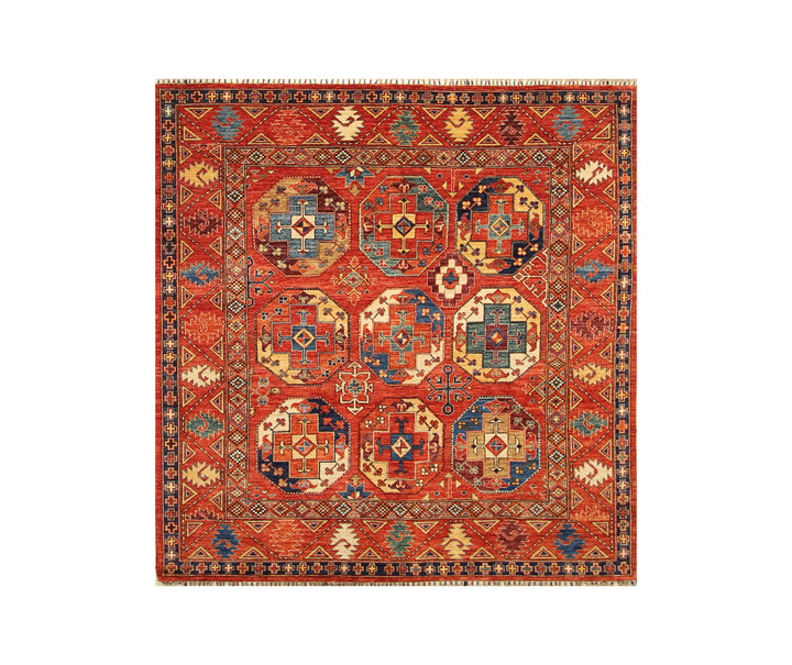 7x7 Red Ersari Square Tribal Tekke Afghan Hand knotted Rug