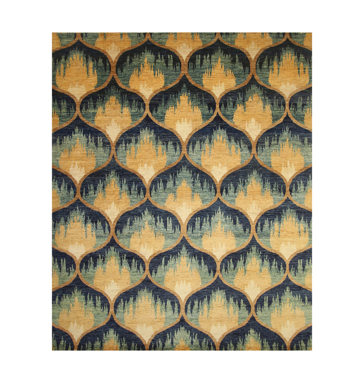 8x10 Green Blue Ikat Afghan Abstract Hand knotted Rug