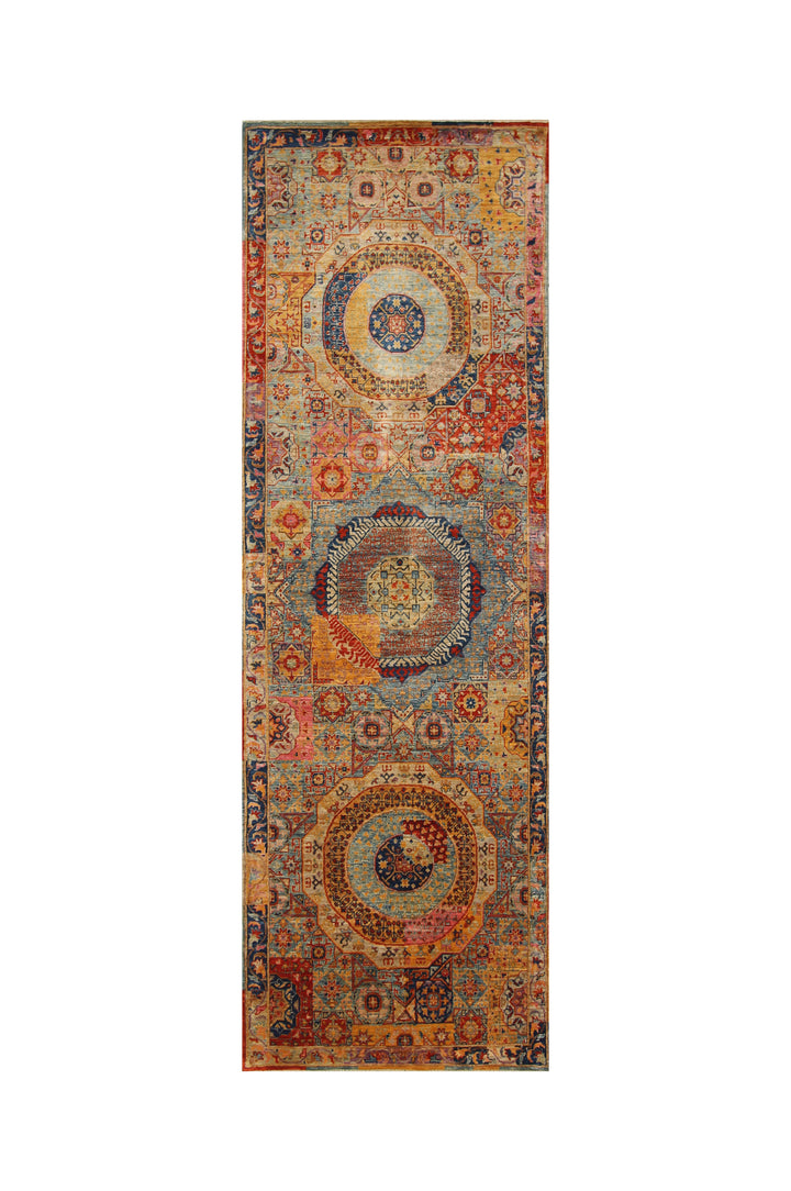 8 ft Blue Mamluk Turkish Hand knotted Medallion Runner Rug