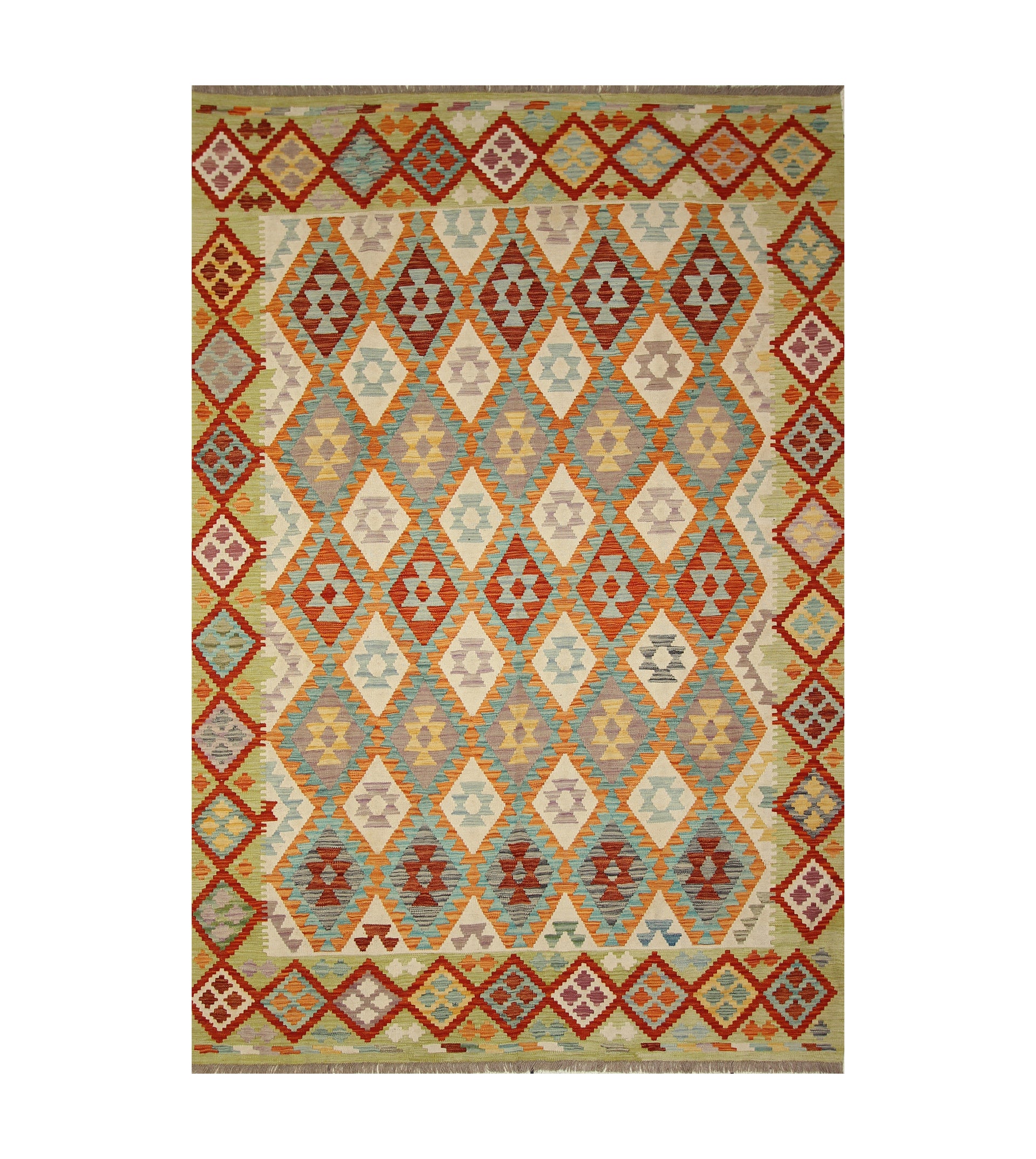 7x10 Beige Green Afghan Geometric Kilim Rug