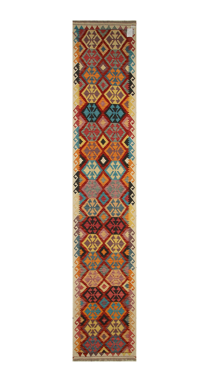 13 Ft Red Kilim Afghan Maimana Hand Woven Runner Rug