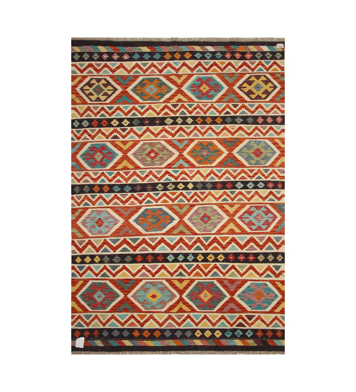 7x10 Rusty Red Kilim Afghan Hand Woven Geometric Rug