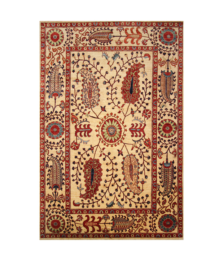 8'3x12'6 Beige Suzani Afghan Hand knotted Floral Rug