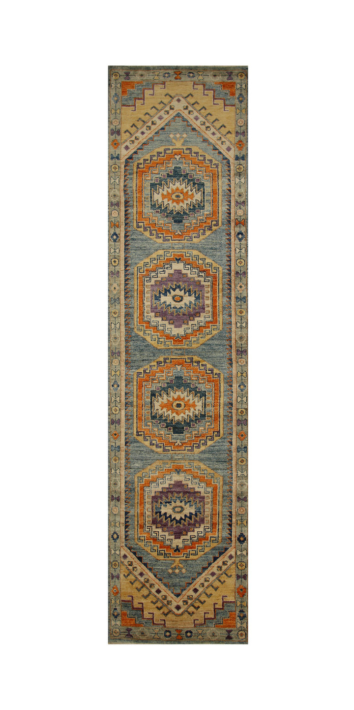 11 ft Muted Blue Oushak Hand knotted Turkish Runner Rug