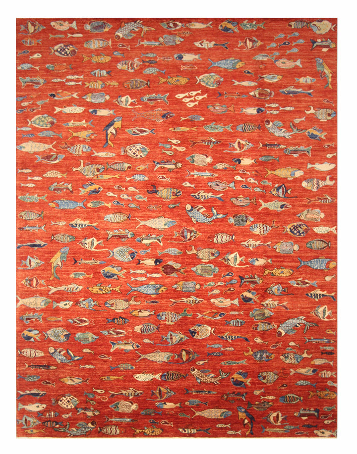 9x12 Red Fish Gabbeh Afghan Hand knotted Rug - Yildiz Rugs