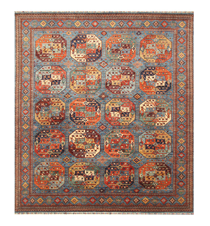 8x10 Blue Ersari Afghan hand knotted Geometric Oriental Rug - Yildiz Rugs