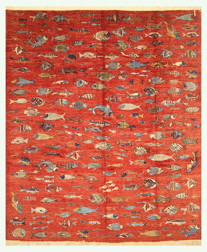 8x10 Fish Gabbeh Rusty Red Afghan Hand knotted Rug - Yildiz Rugs