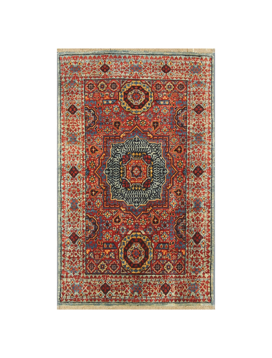 2' x 3' Red Blue Turkish Mamluk Hand Medallion Accent Rug - Yildiz Rugs