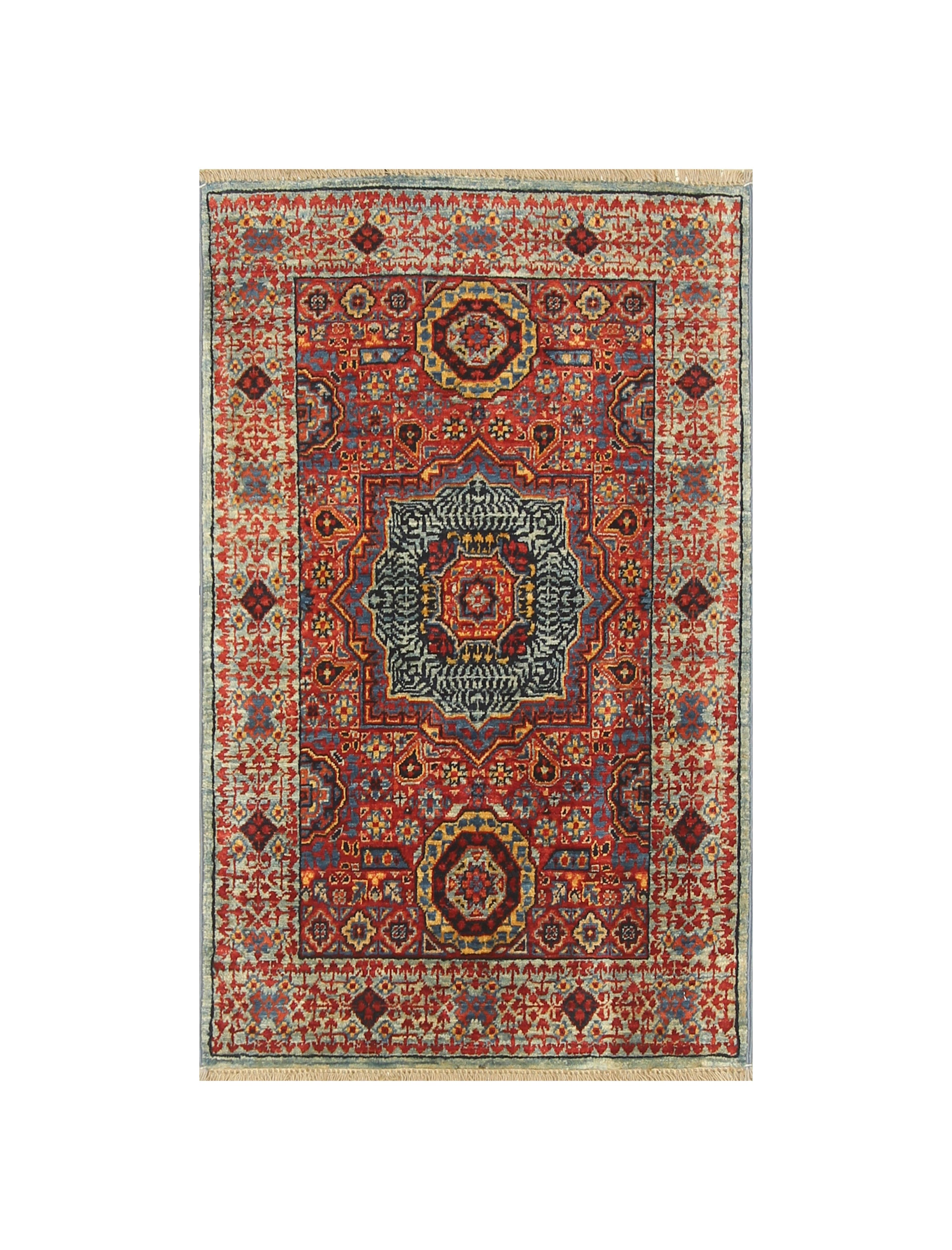 2' x 3' Red Blue Turkish Mamluk Hand Medallion Accent Rug - Yildiz Rugs