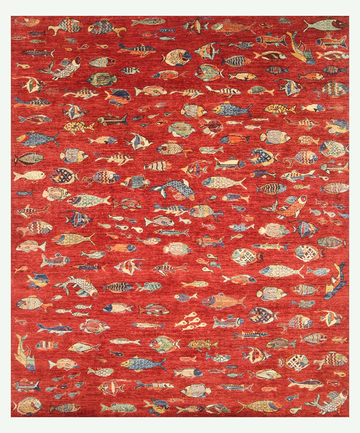 8x10 Red Fish Afghan Gabbeh Hand knotted Rug