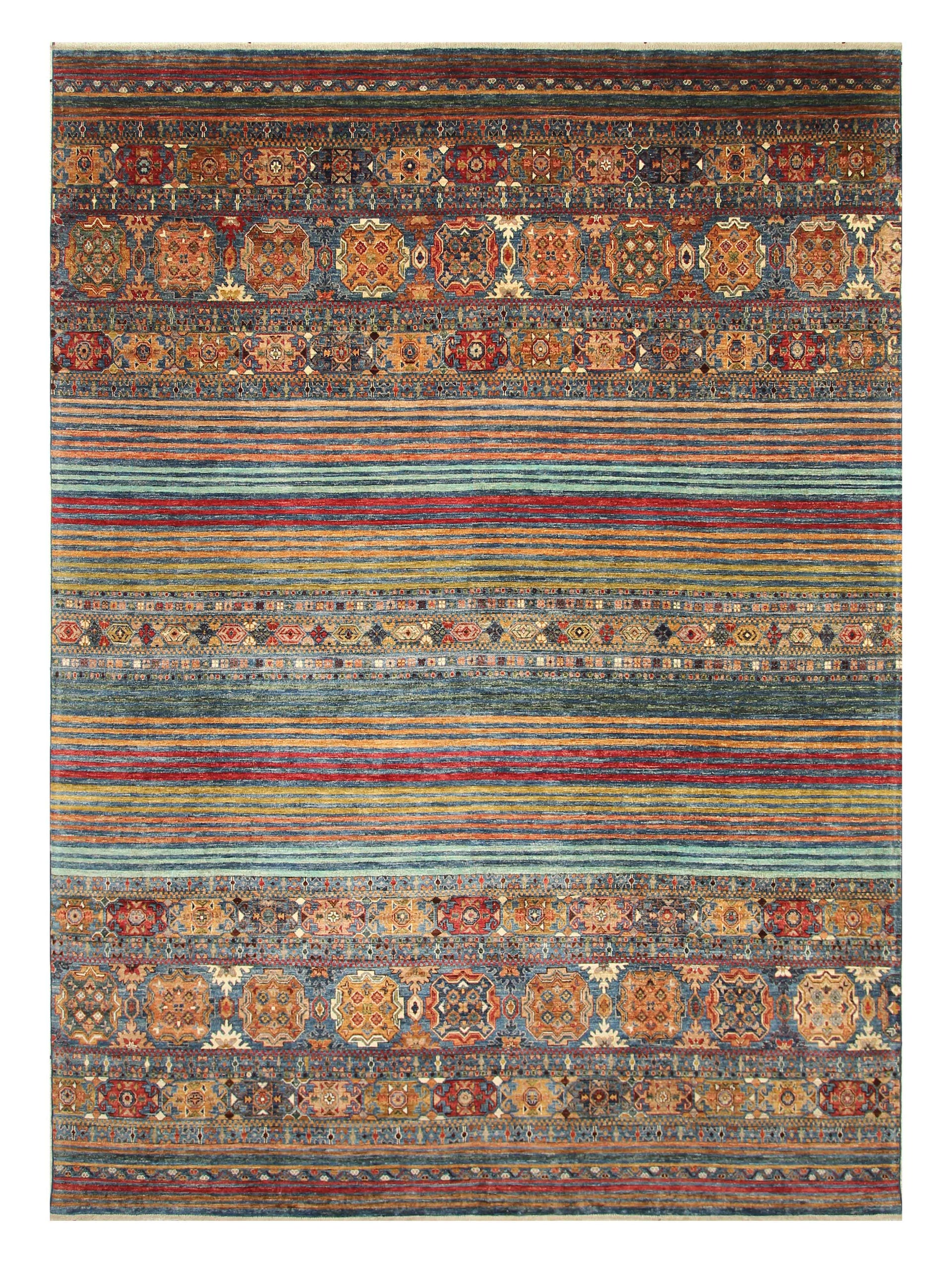 9x12 Blue Khorjin Afghan Hand knotted Wool Striped Rug - Yildiz Rugs