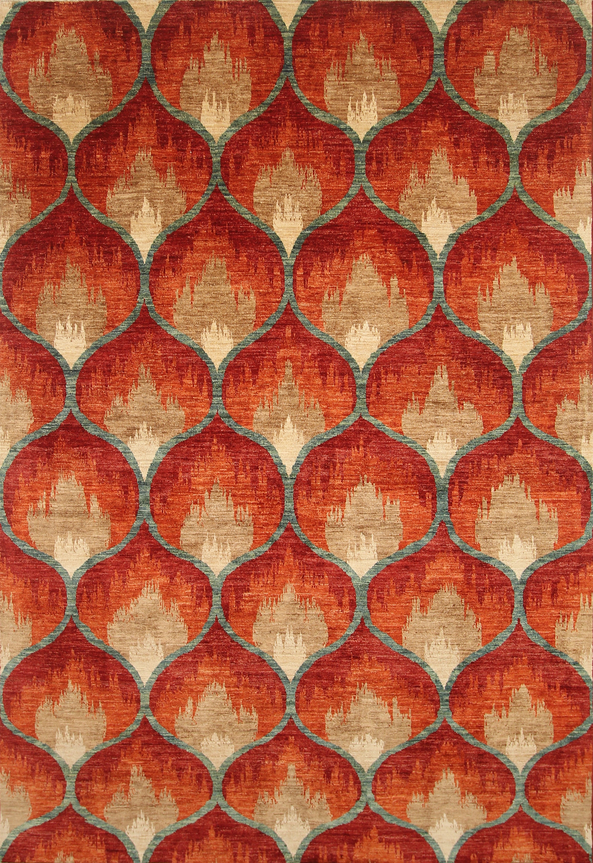 6'8"x9'8" Rust Orange Ikat Afghan Hand-Knotted Wool Rug - Yildiz Rugs