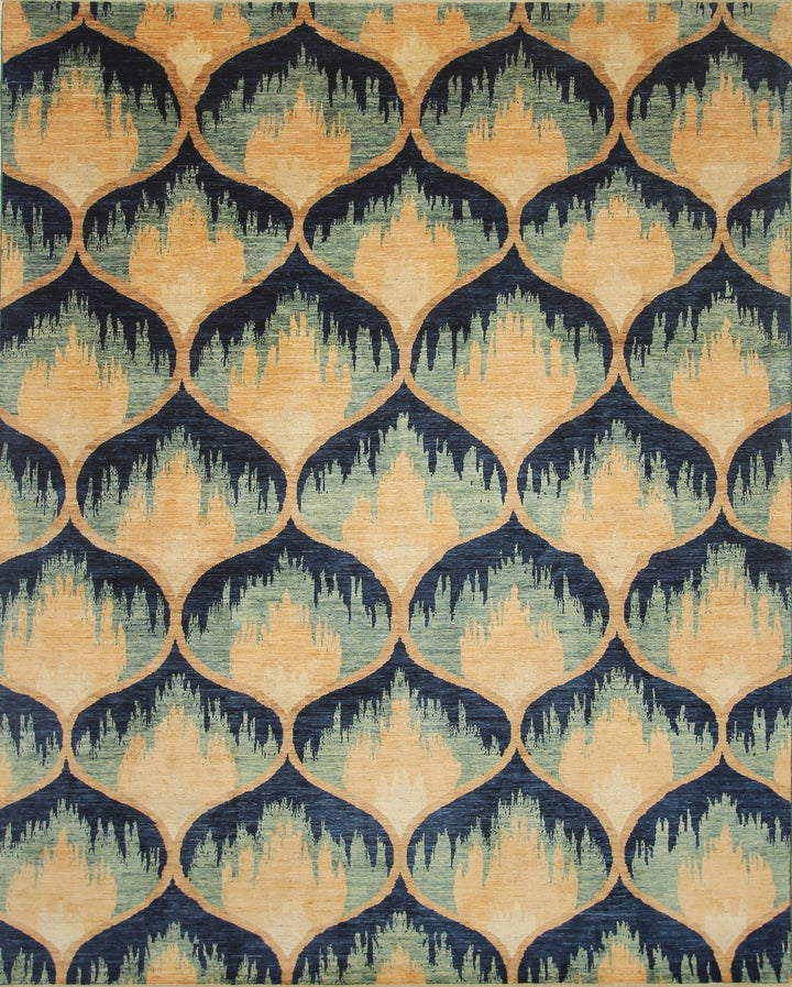 8x10 Afghan Ikat Green Blue Hand-Knotted Rug - Yildiz Rugs