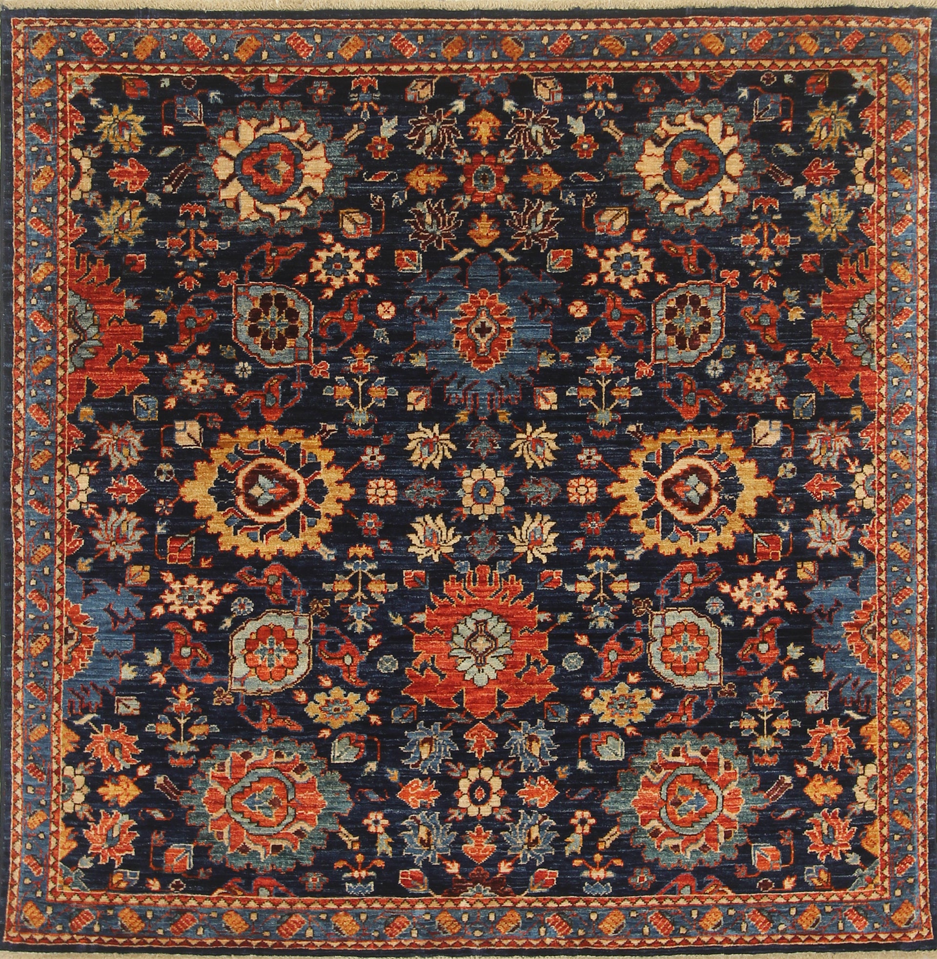 5x5 Navy Blue Afghan Hand-Knotted Wool Square Rug
