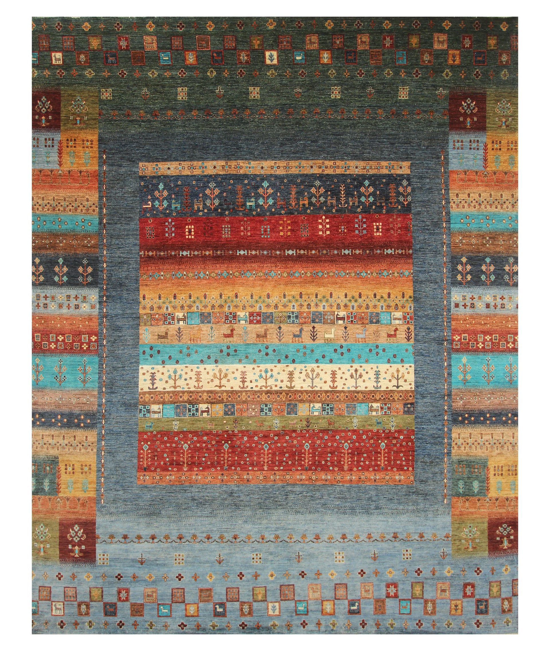 10x13 Blue Green Gabbeh Afghan Kashkuli Hand knotted Rug