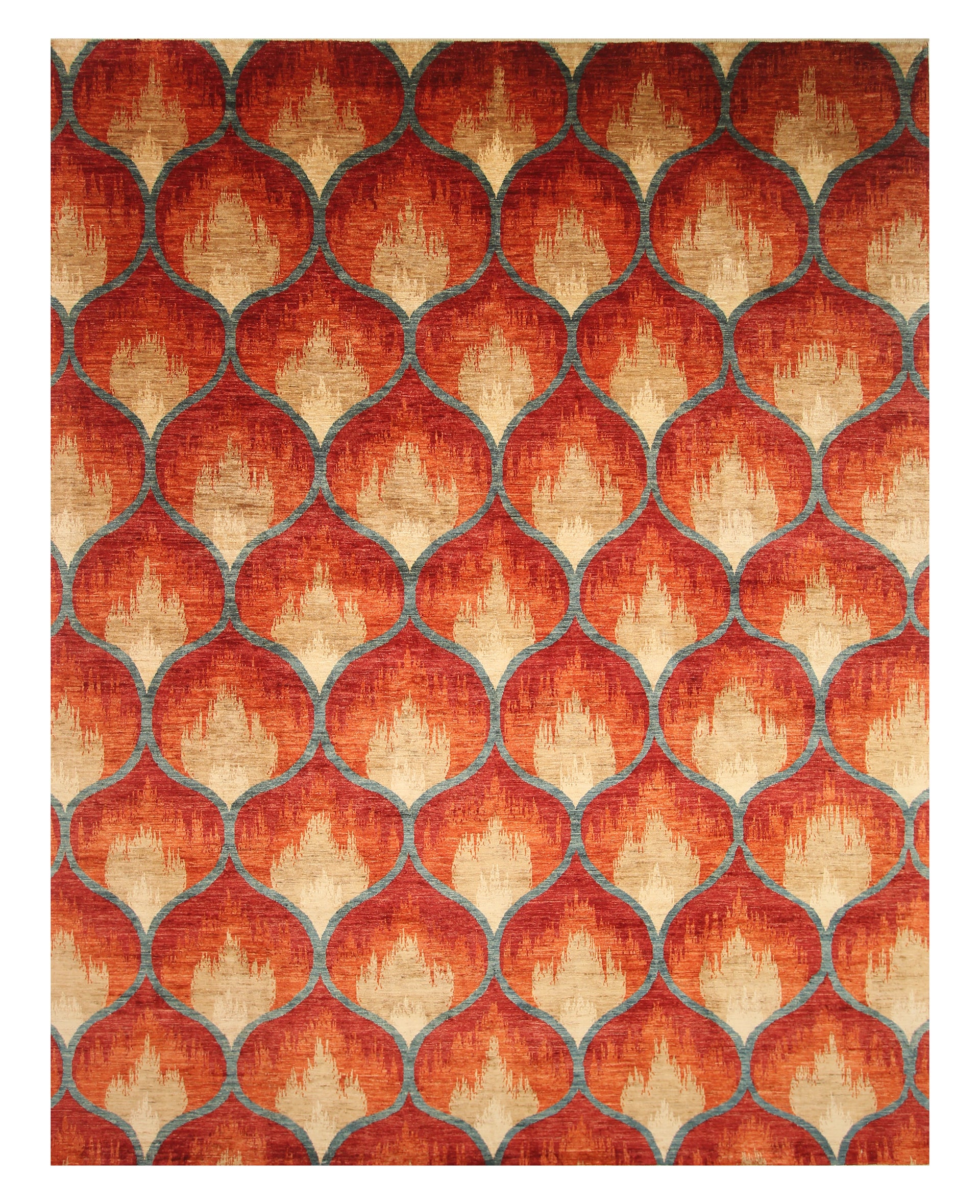 9x12 Red Orange Ikat Afghan Abstract Hand knotted Rug