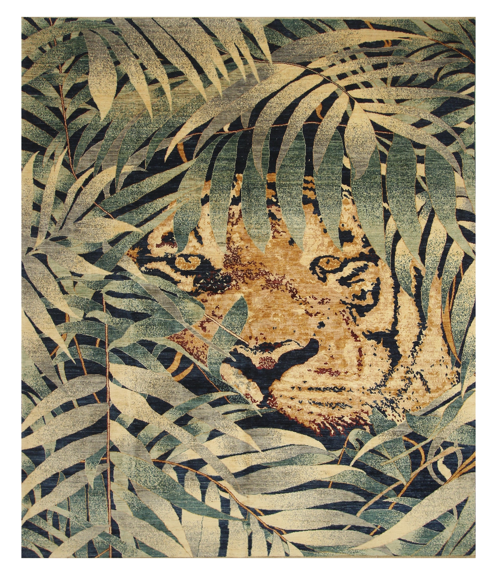8x10 Green Tiger Afghan Hand knotted Pictorial Rug