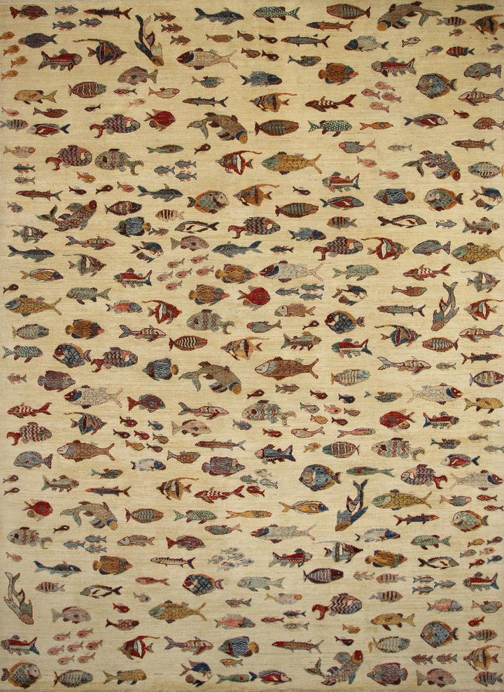 9x12 Fish Gabbeh Ivory Beige Afghan Hand knotted Rug - Yildiz Rugs