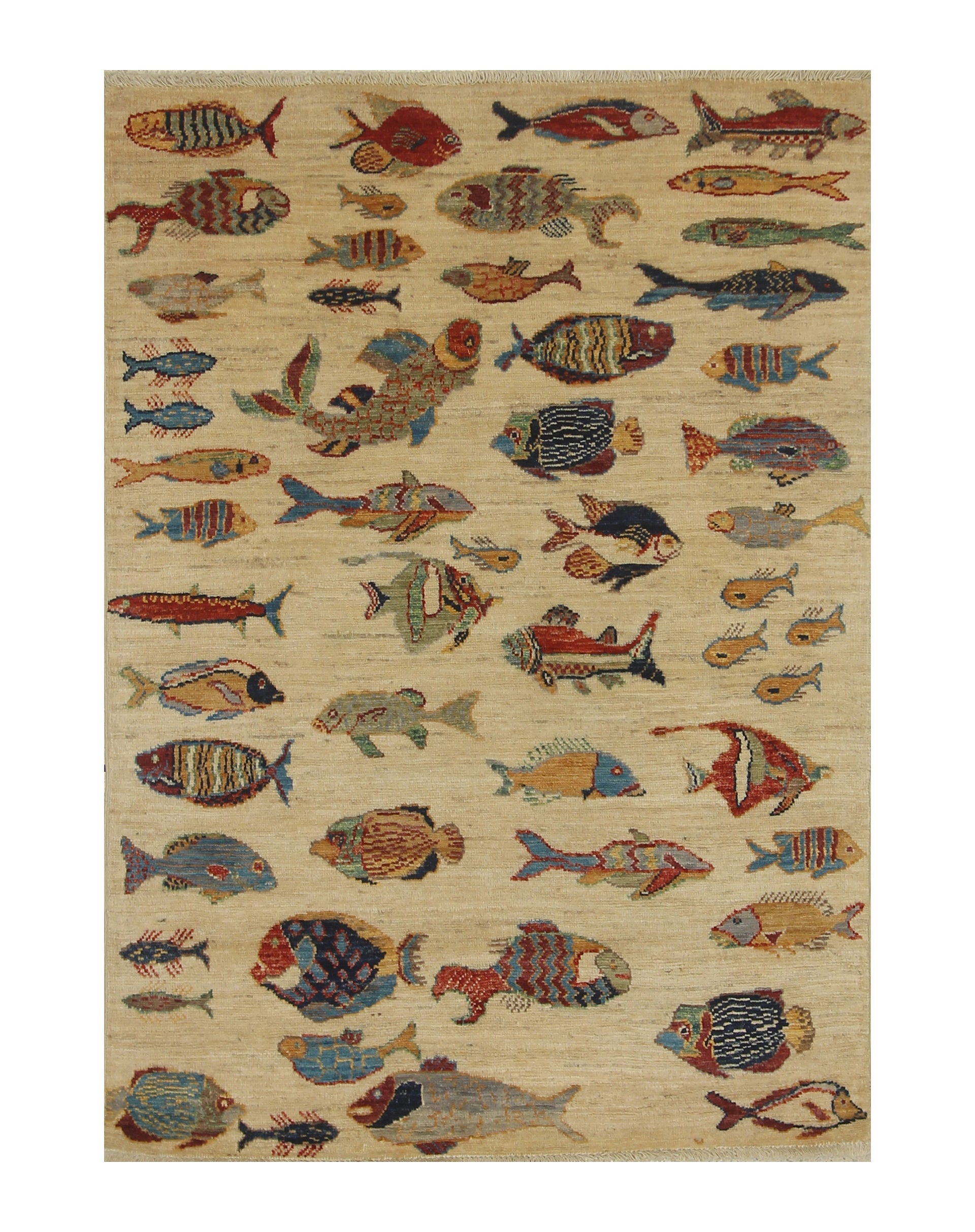 3'4"x4'8" Beige Fish Gabbeh Afghan Hand knotted Rug