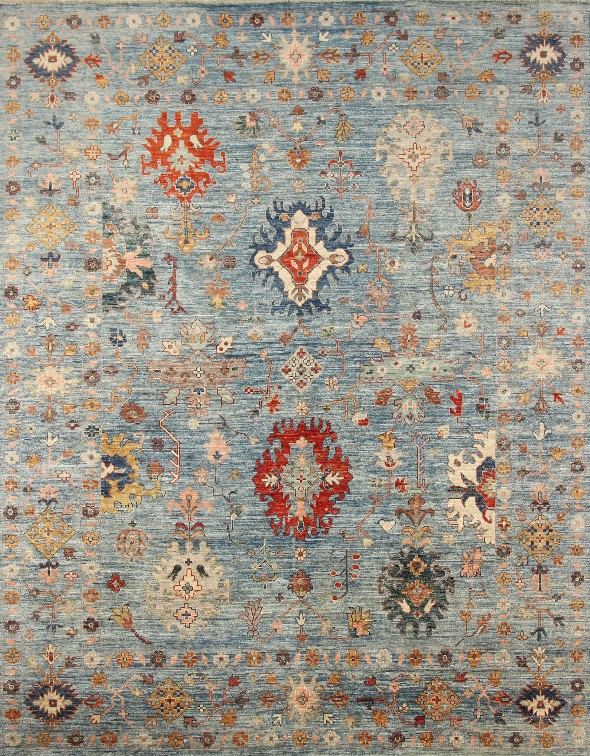 9x12 Blue Oushak Hand-Knotted Plush Wool Turkish Rug
