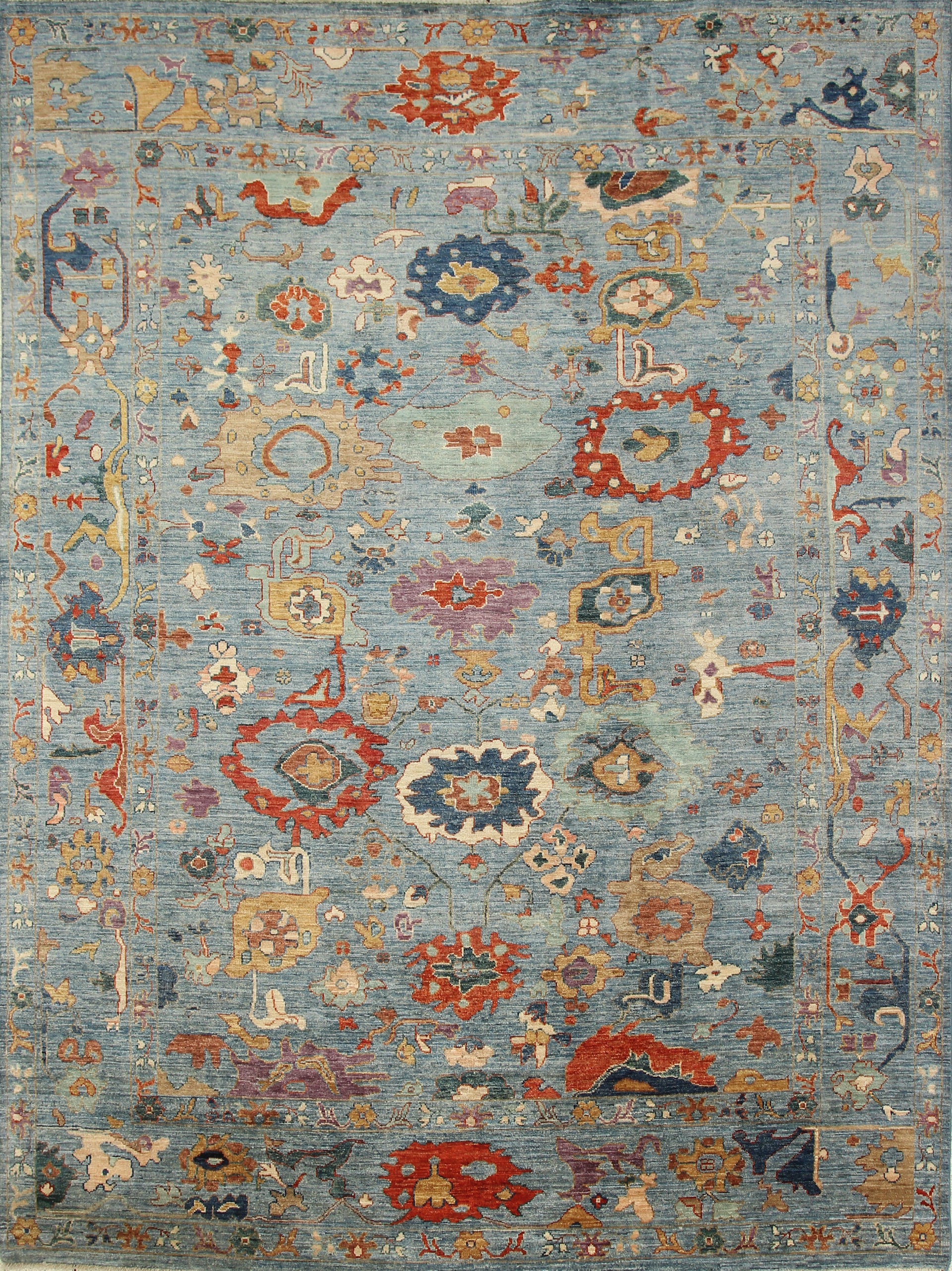 9x12 Blue Oushak Hand-Knotted Wool Turkish Rug