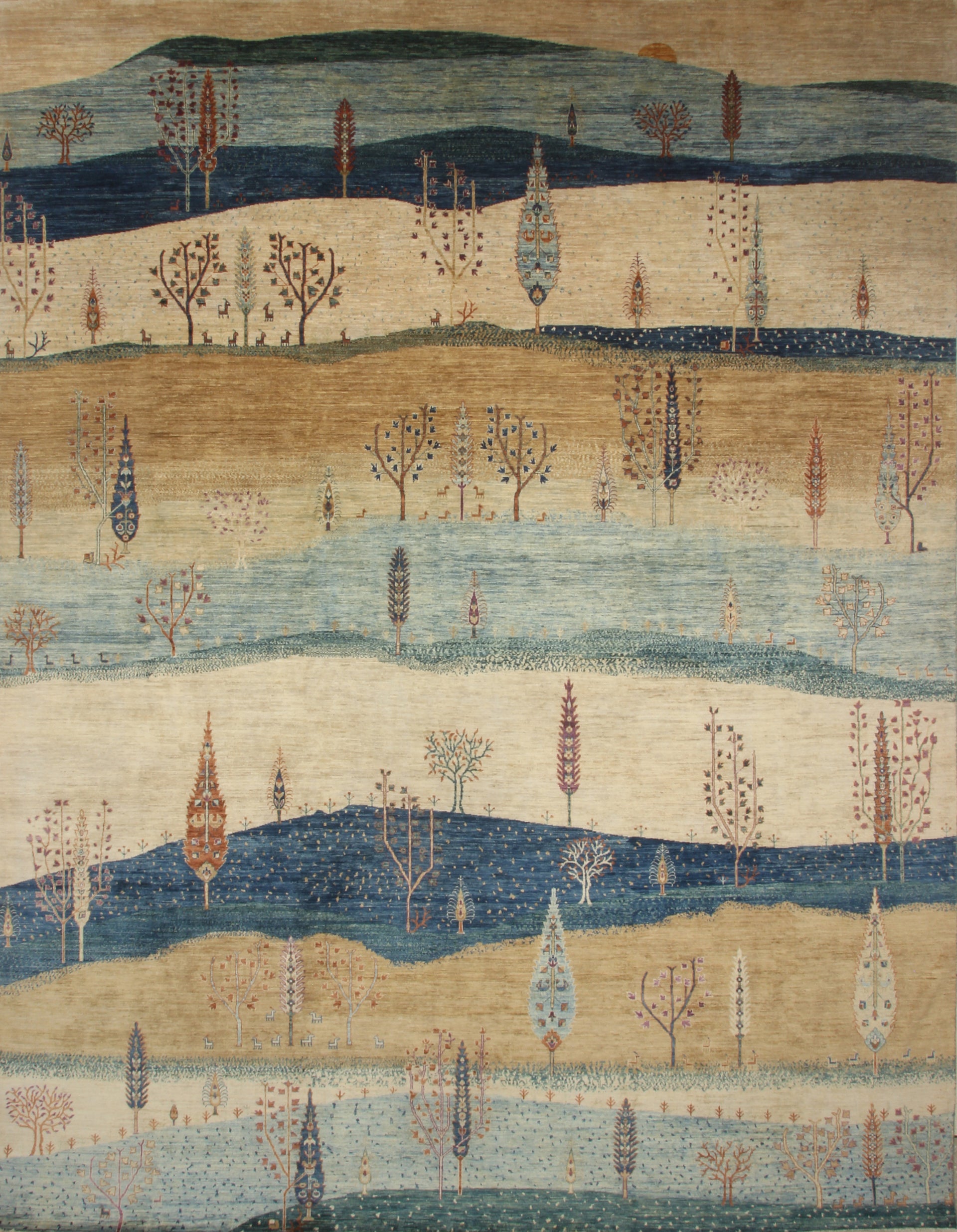 12x15 Blue Gabbeh Hand-Knotted Afghan Wool Landscape Tree Rug