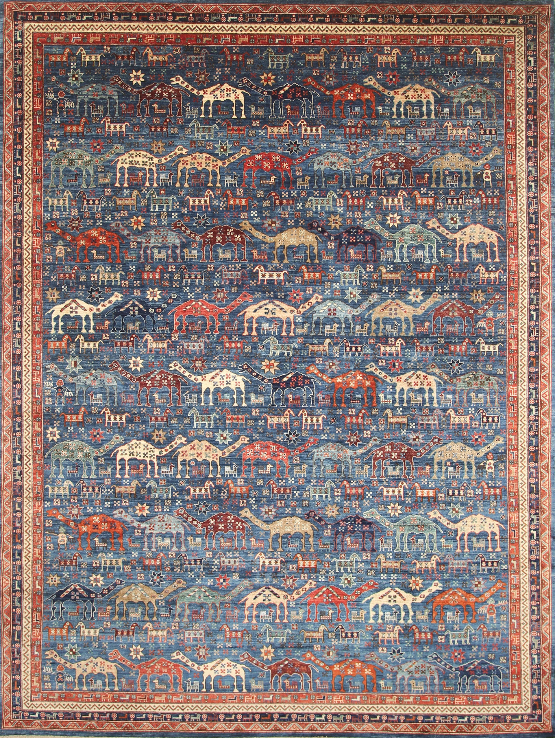 9x12 Blue Tribal Gabbeh Hand-Knotted Afghan Wool Animal Rug - Yildiz Rugs