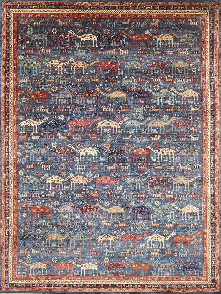 9x12 Blue Tribal Gabbeh Hand-Knotted Afghan Wool Animal Rug - Yildiz Rugs