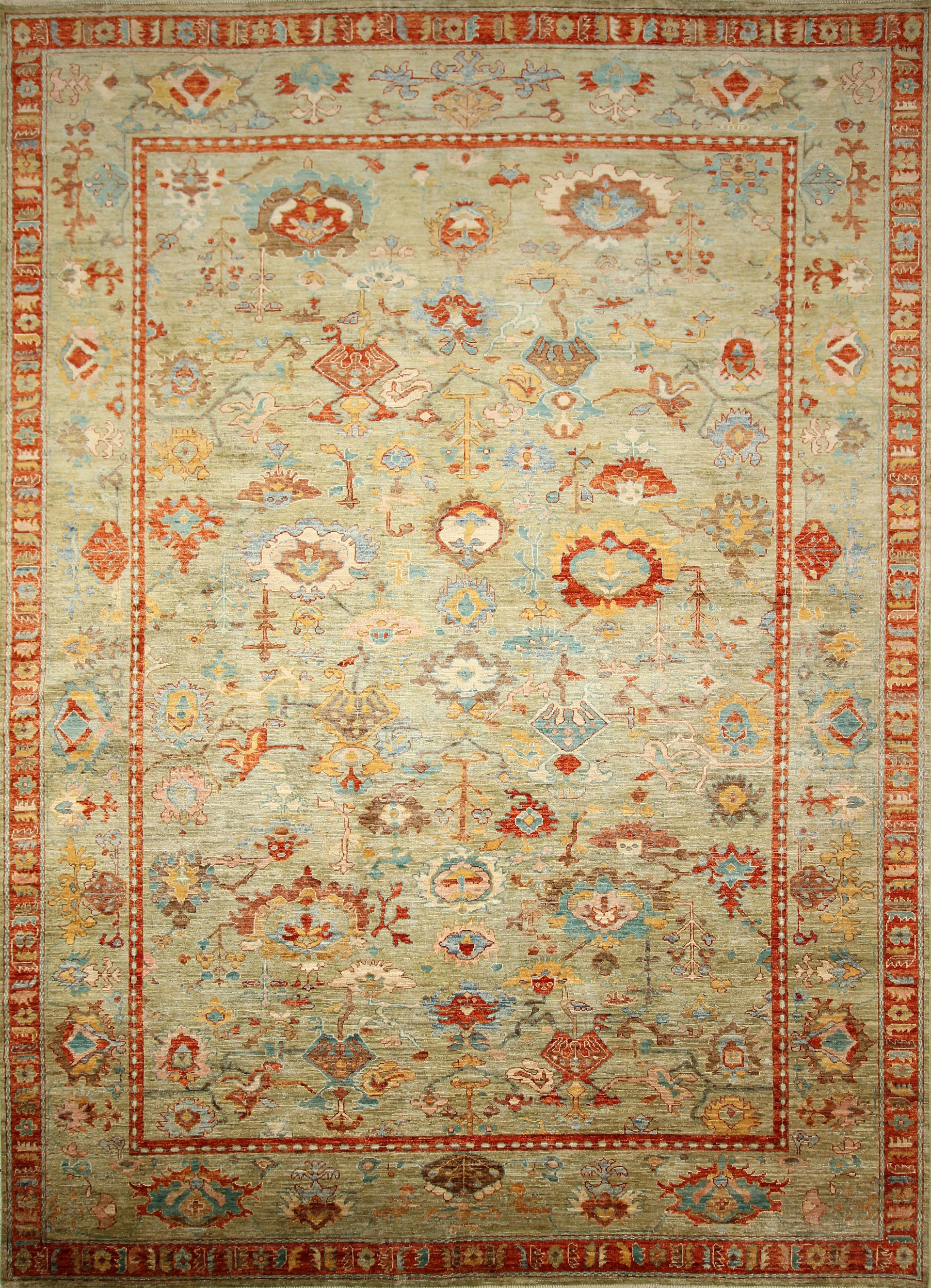 10x14 Green Oushak Hand-Knotted Wool Oriental Rug - Yildiz Rugs