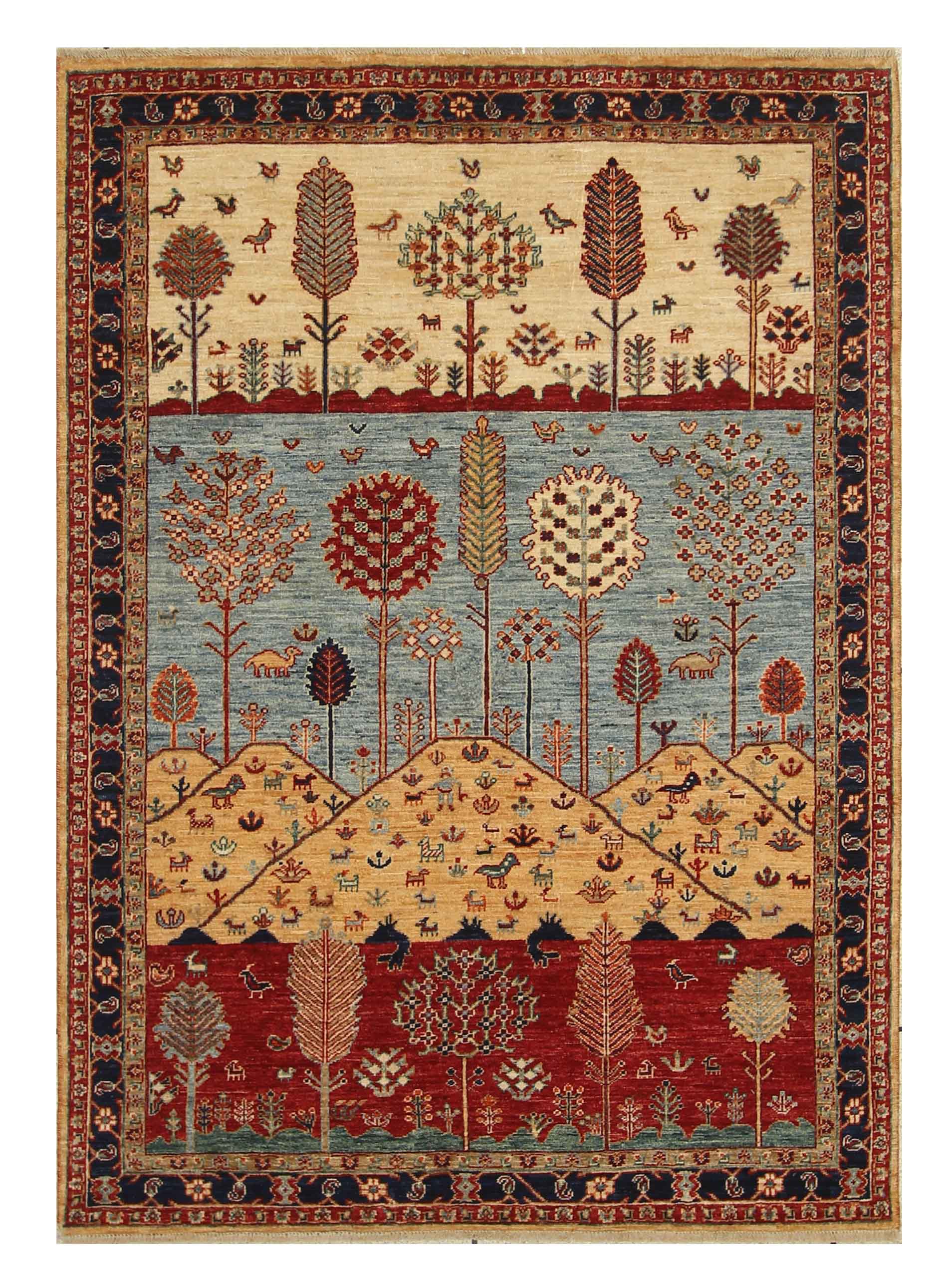 5x7 Tree Gabbeh Multicolor Landscape Afghan Hand knotted Rug