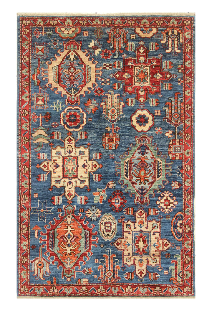 4x6 Blue Karaja Afghan Hand-Knotted Wool Oriental Rug - Yildiz Rugs