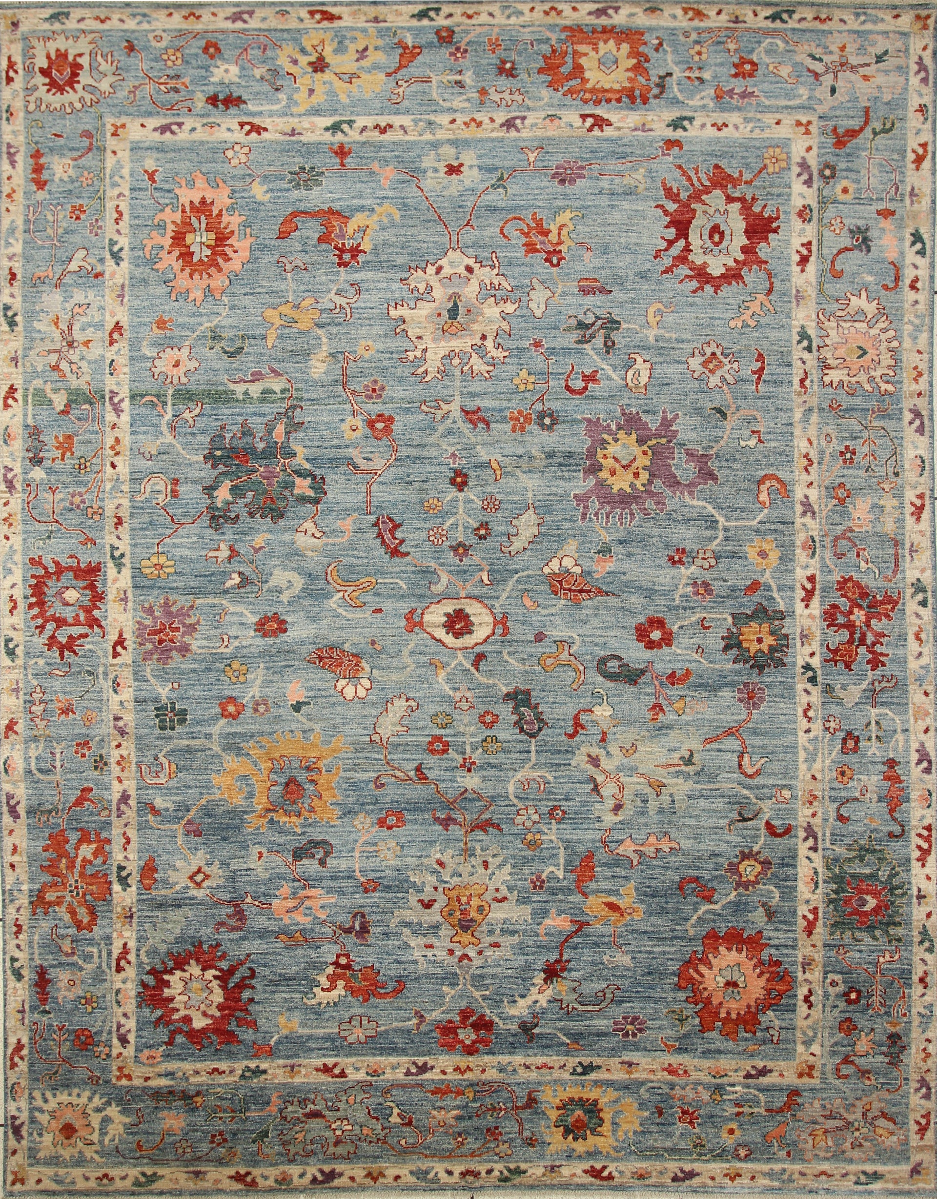 9x12 Blue Oushak Hand-Knotted Plush Wool Turkish Rug