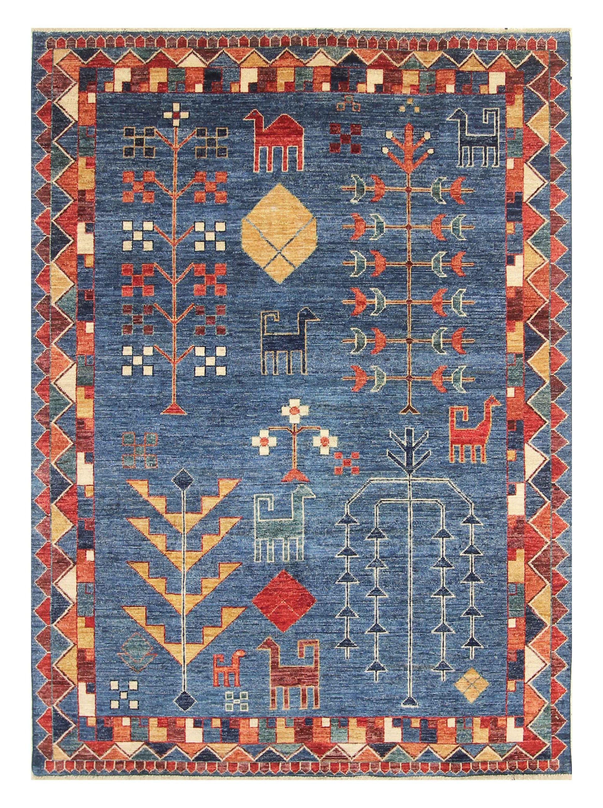 6x8 Blue Gabbeh Afghan Hand Knotted Wool Rug