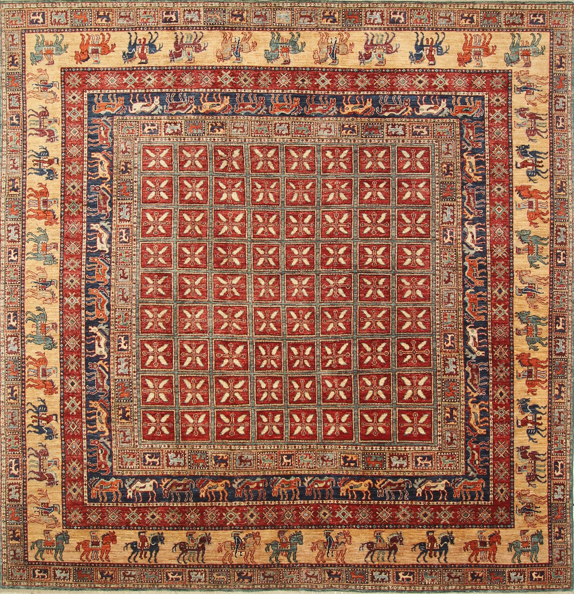 8x8 Red Pazyryk Afghan Hand Knotted Wool Oriental Rug - Yildiz Rugs