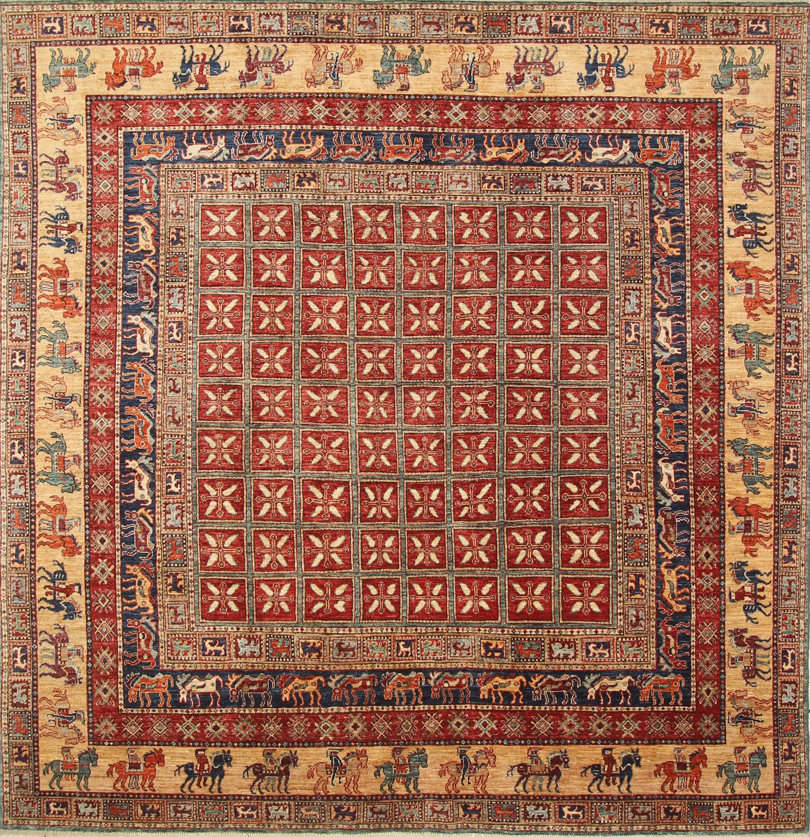 8x8 Red Pazyryk Afghan Hand Knotted Wool Oriental Rug - Yildiz Rugs