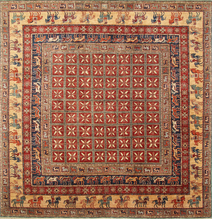 8x8 Red Pazyryk Afghan Hand Knotted Wool Oriental Rug - Yildiz Rugs
