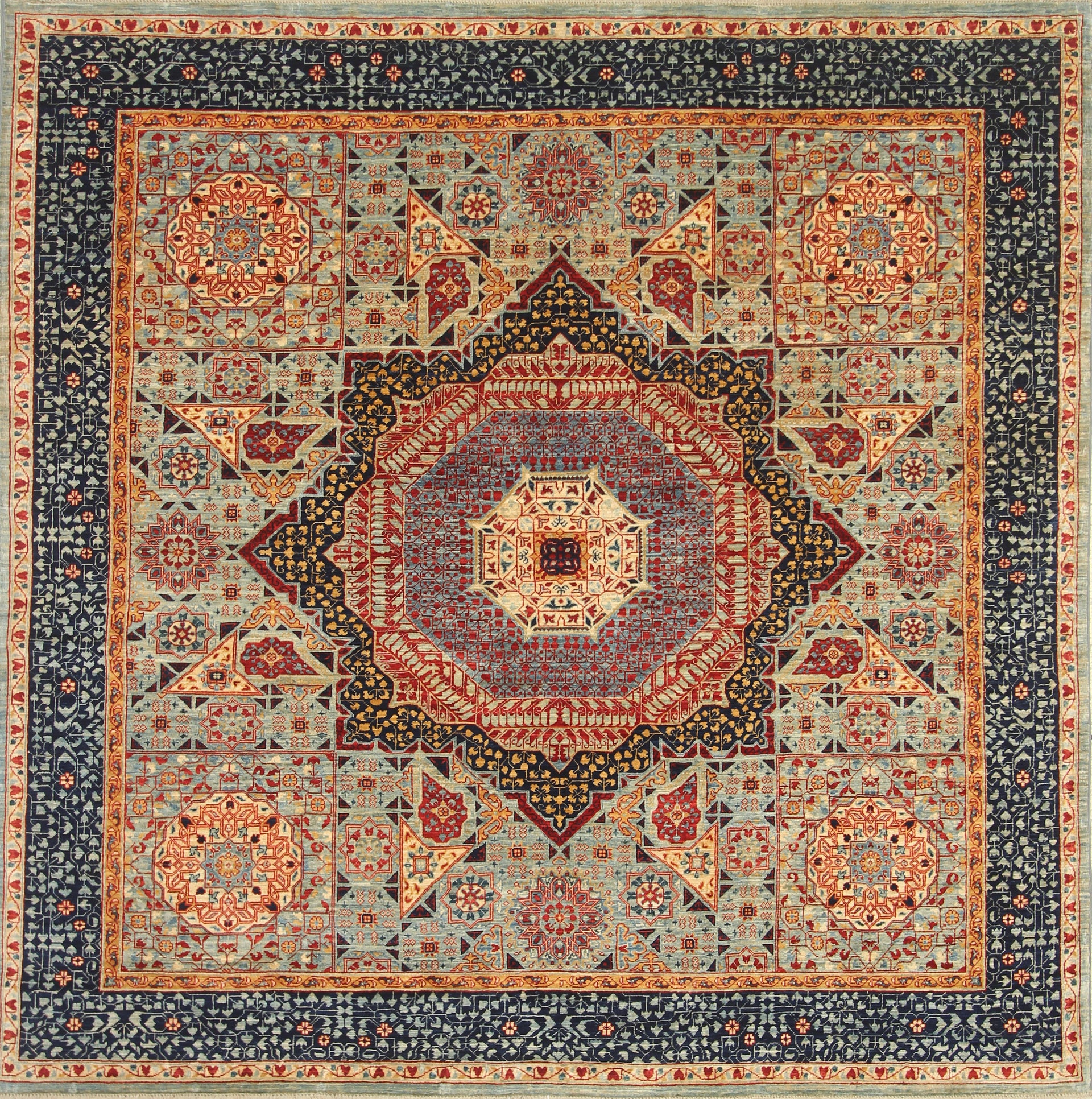7x7 Blue Mamluk Turkish style Hand Knotted Wool Square Rug