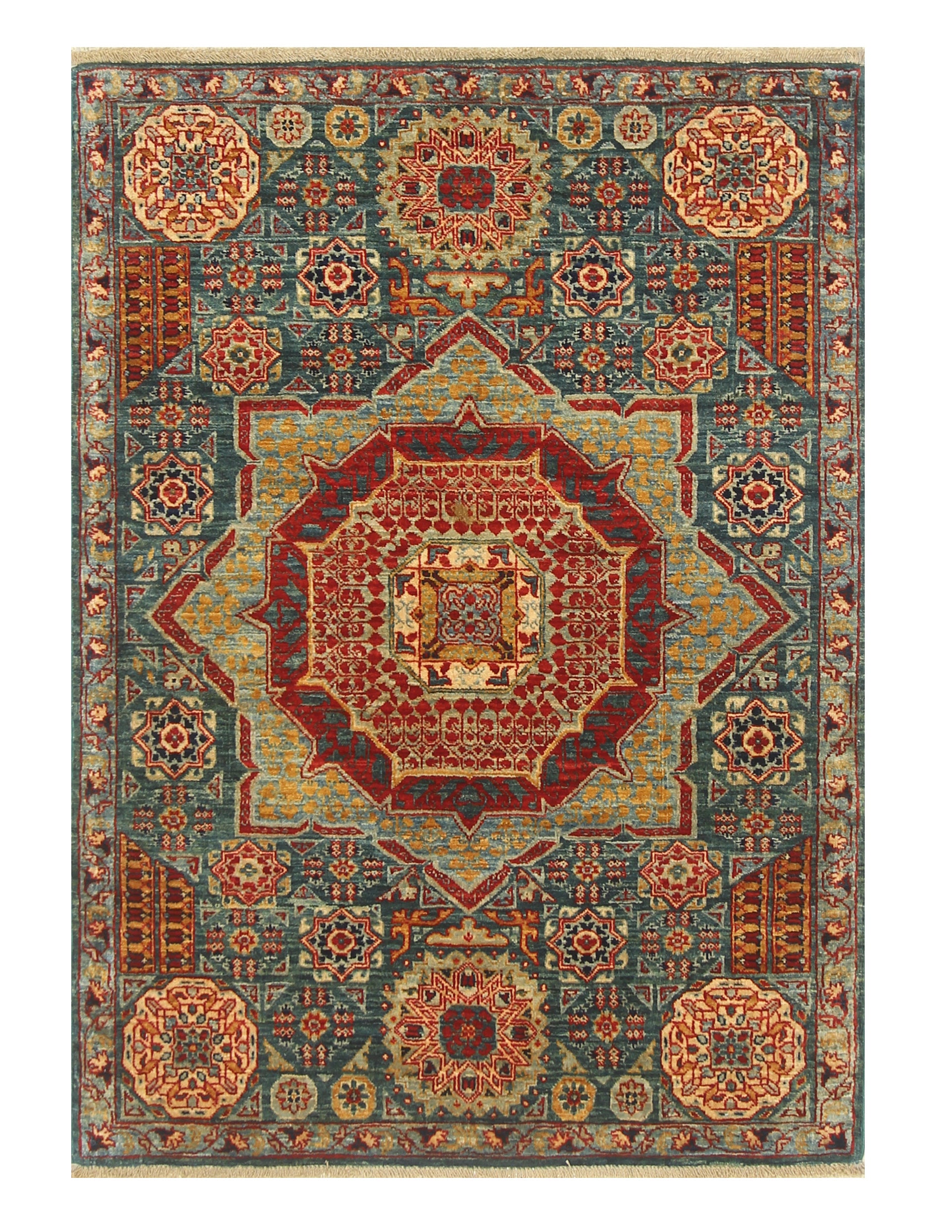 2'10"x4' Green Mamluk Hand knotted Rug