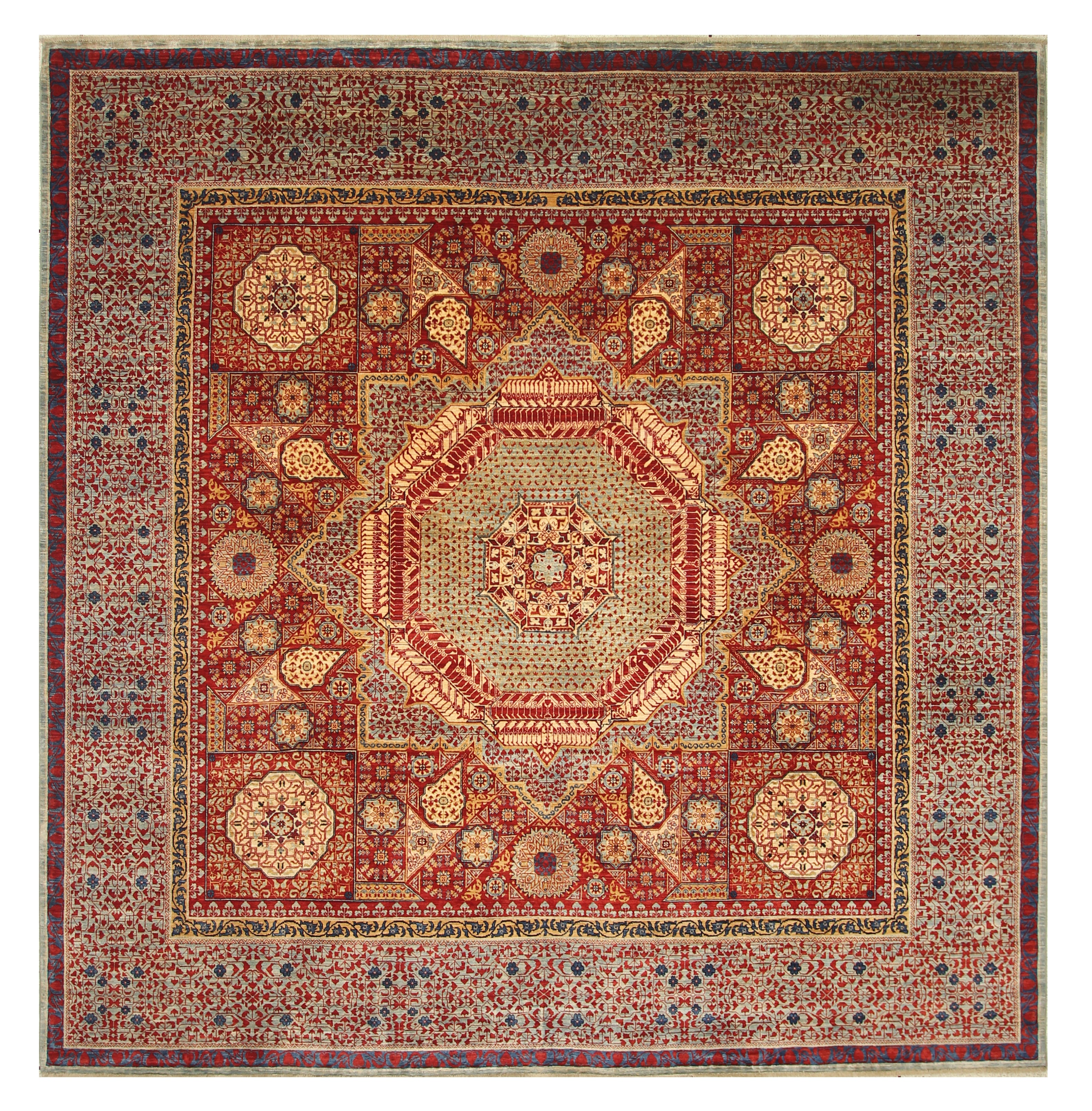 10x10 Red Mamluk Hand-Knotted Wool Medallion Square Rug - Yildiz Rugs